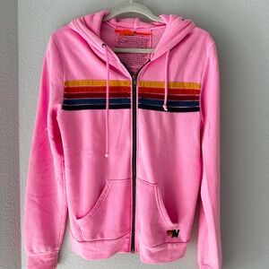Neon Pink Zip-Up Aviator Nation Hoodie with 5 Stripe Design